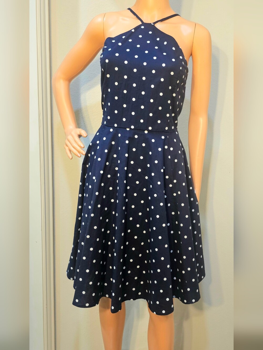 VENUS Navy Blue & White Polka Dot Halter Fit-and-Flare Mini Dress